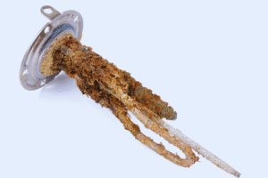 Water heater problem due to sediment buildup and damaged heating element inside an old water heater