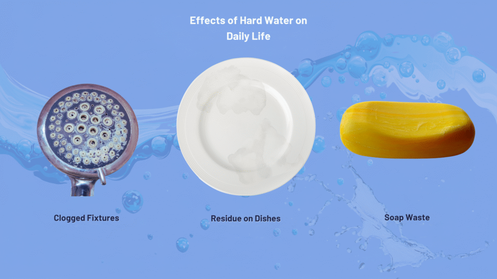 Everyday effects of hard water in Twin Falls like clogged showerheads, spotty dishes, and poor soap lather
