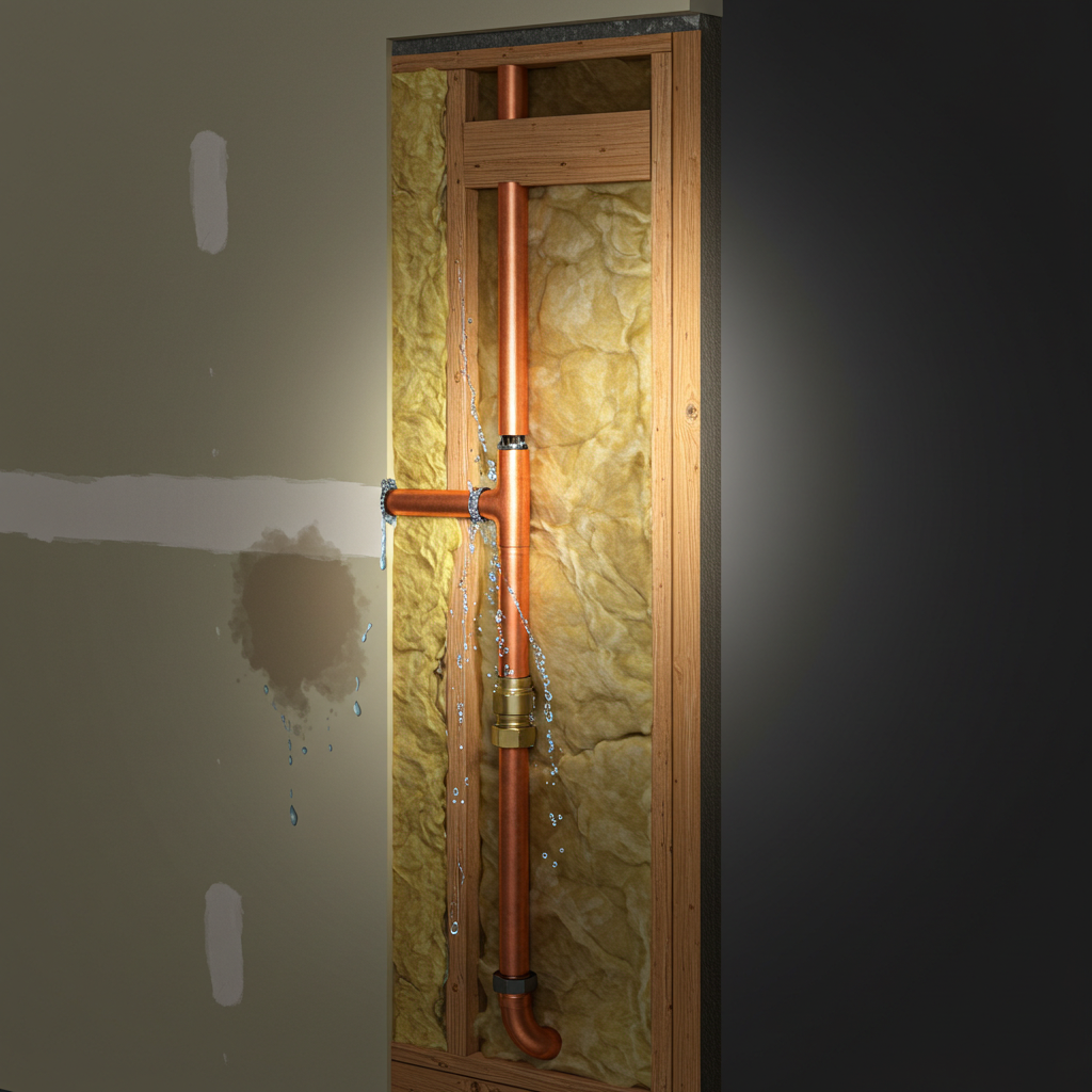 X-ray style cutaway showing how Twin Falls plumbers find hidden slow leaks behind walls in local homes