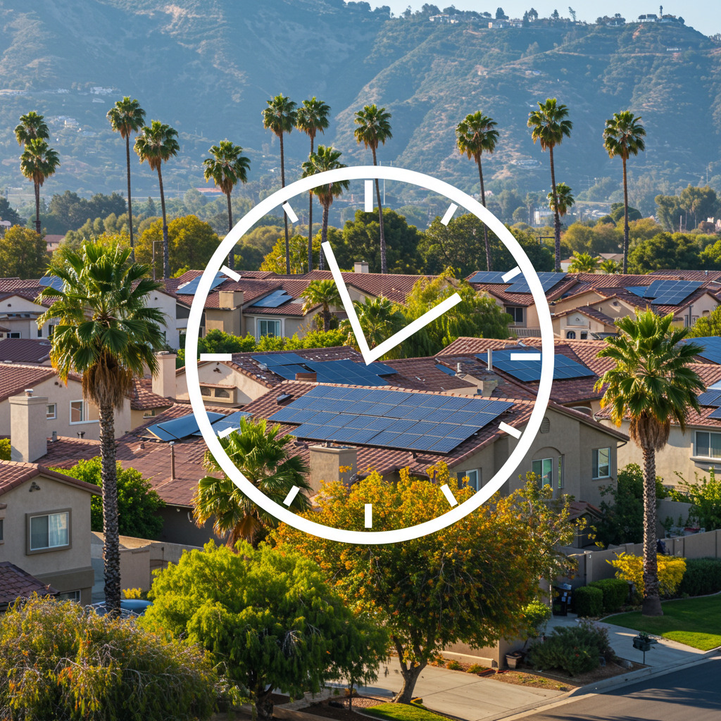 California neighborhood with rooftop solar panels and countdown imagery highlighting urgency to claim the 2025 solar tax credit