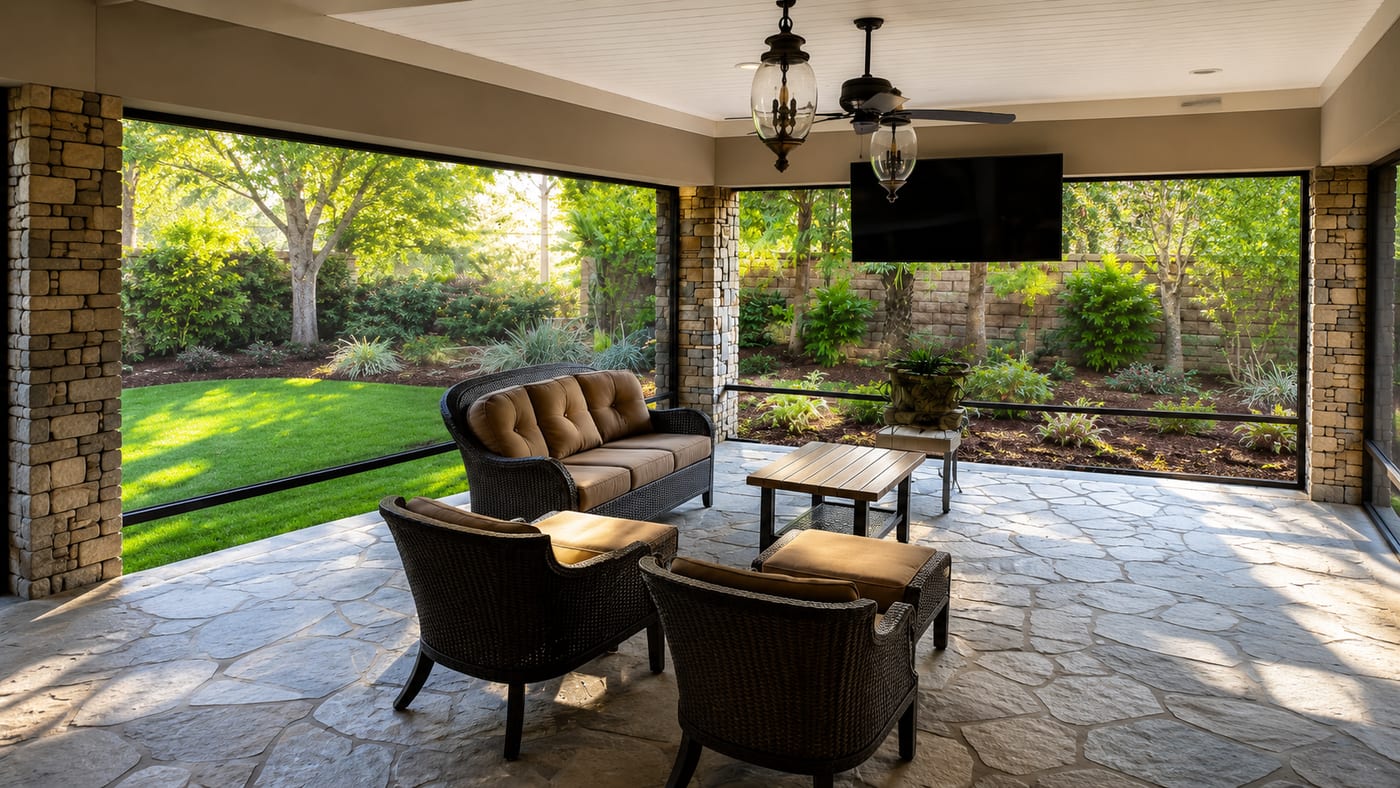 Covered patio screened with a retractable system