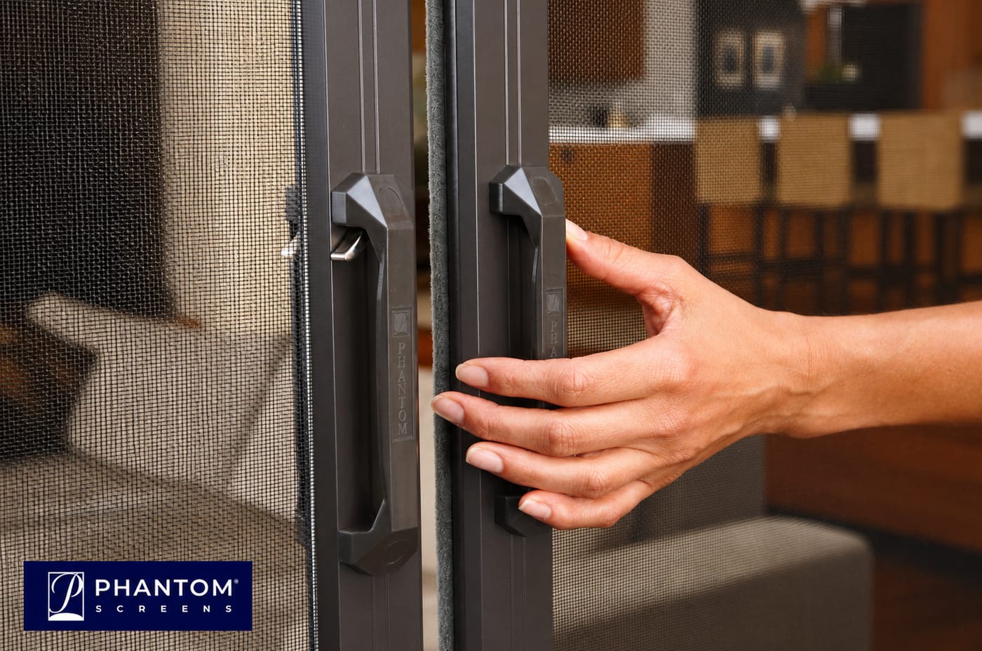 Retractable screen drawn across a sliding patio door