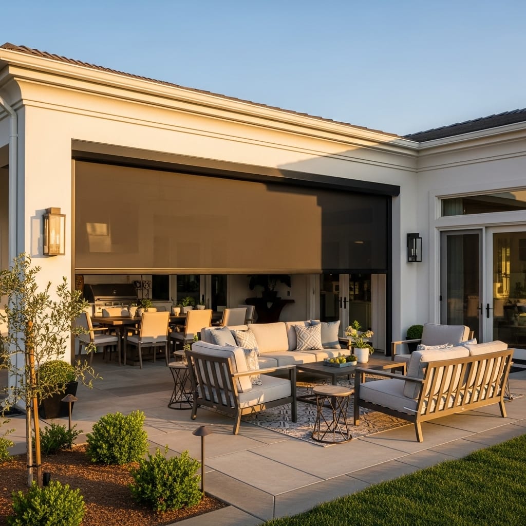 Motorized retractable screen installed across a large patio opening
