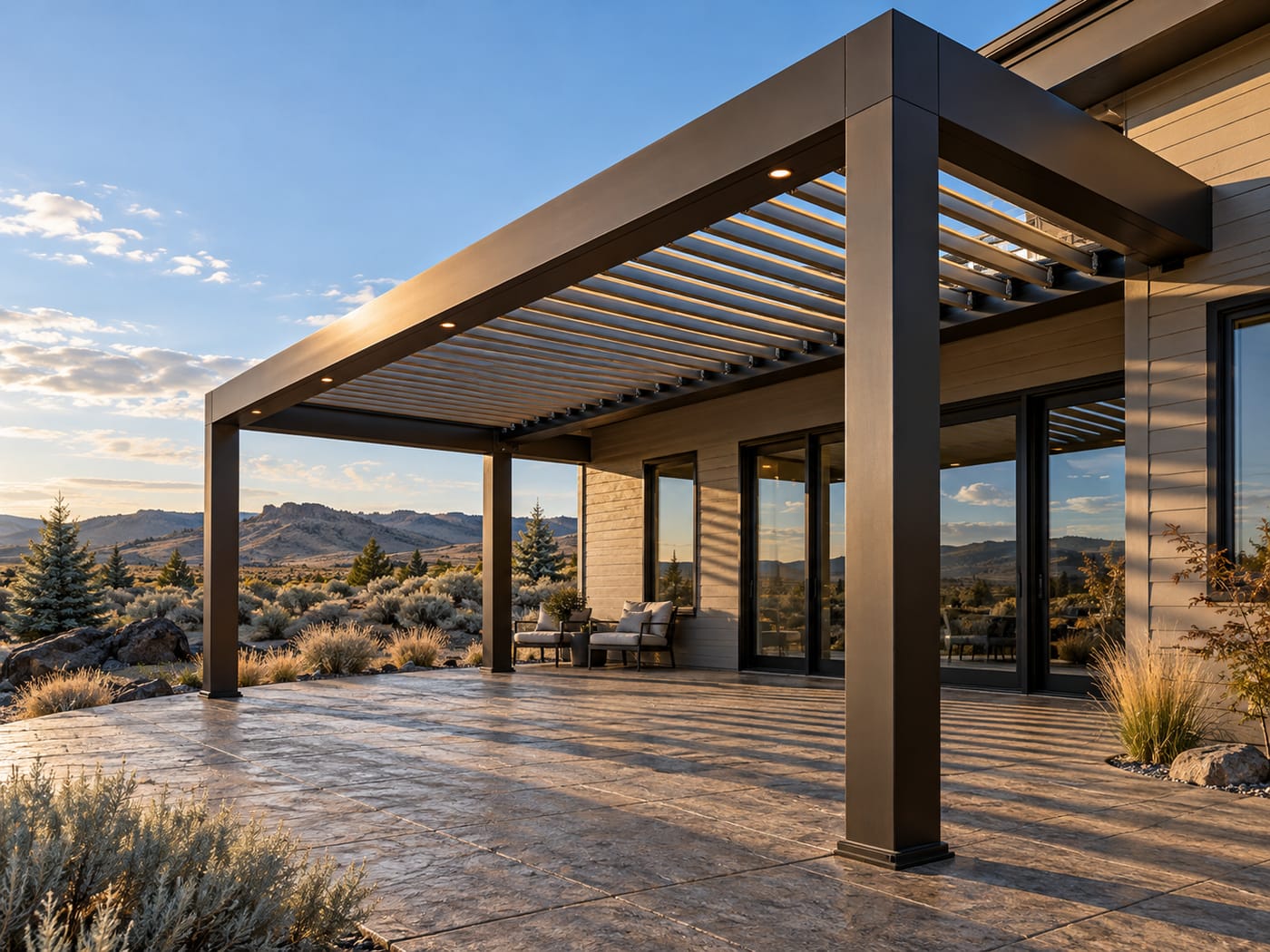 Dark bronze louvered pergola attached to a house, covering a stamped concrete patio with two lounge chairs and high-desert hills behind at sunset
