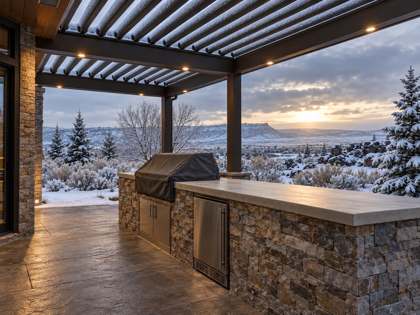 Stone outdoor kitchen with a covered grill and stainless steel doors under a snow-dusted louvered roof, with a snowy landscape beyond