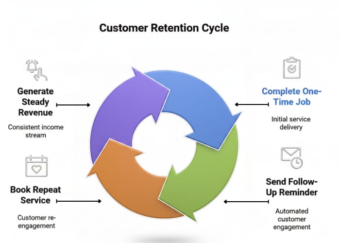 A simple flowchart illustrating automation for service businesses — showing the cycle from one-time job completion to automated follow-up reminders, repeat bookings, and steady monthly revenue.