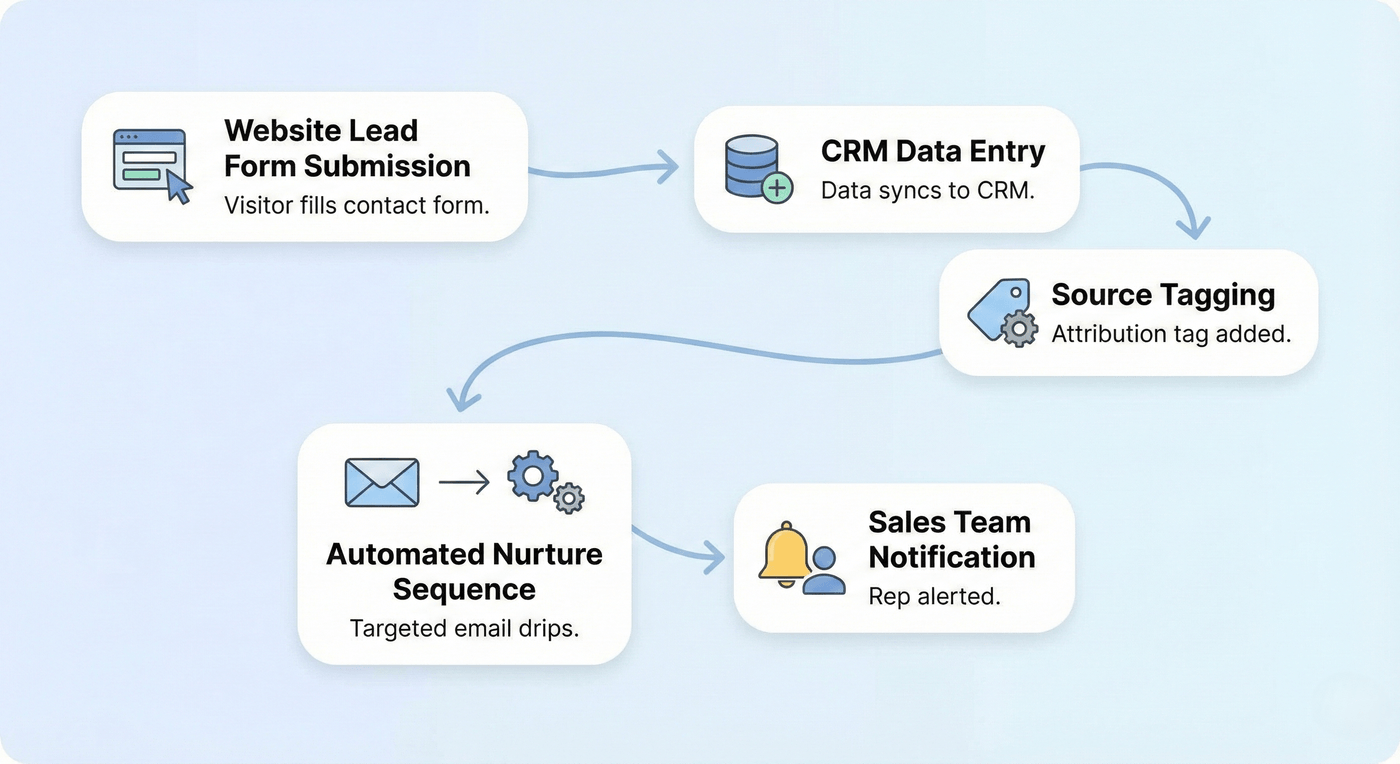 A modern SaaS workflow diagram illustrating an automated process from website lead form to sales notification, designed to address the Biggest Marketing Challenges for Magic Valley by streamlining data entry and lead nurturing.