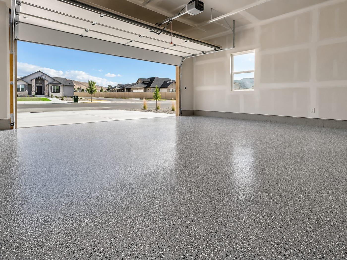 Newly coated flake epoxy garage floor in an unfinished new construction home in a Twin Falls subdivision