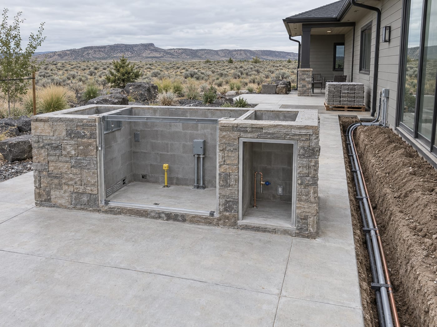 Outdoor kitchen under construction with gas, electrical and water rough-in visible and a utility trench to the house