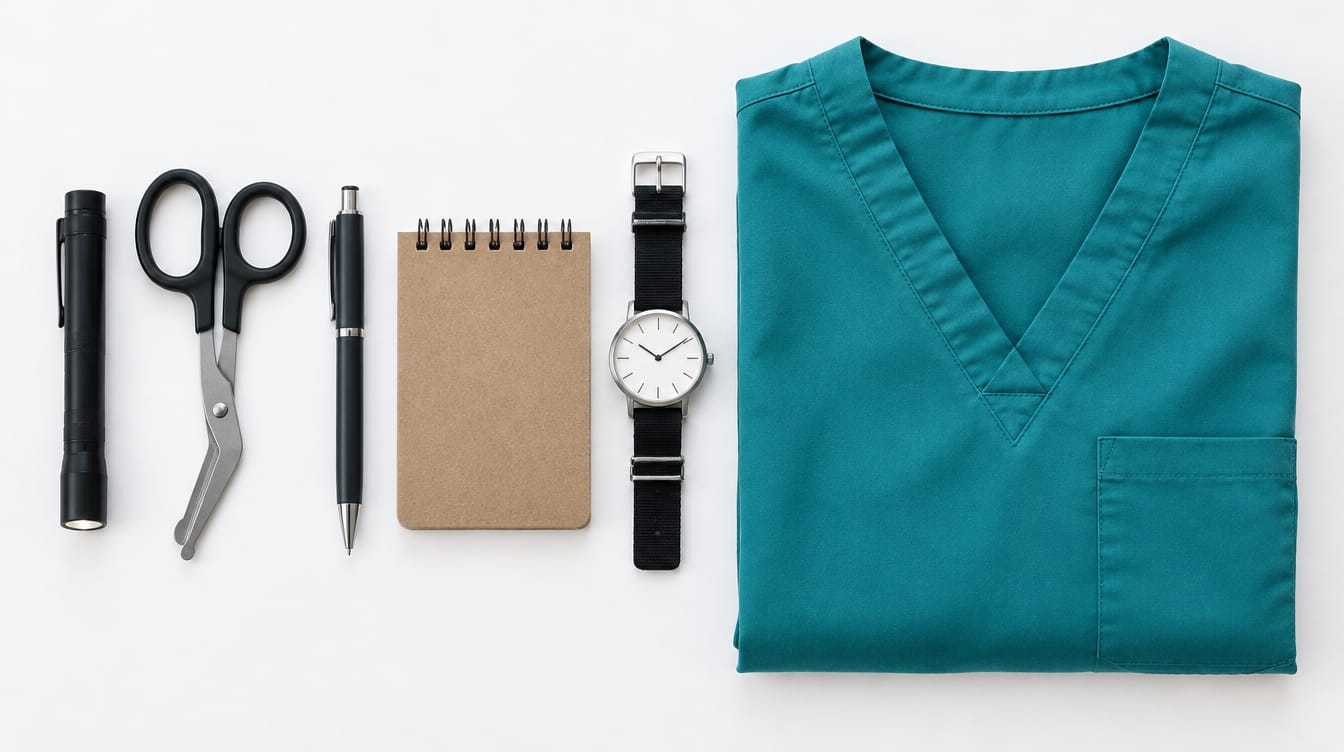 Penlight, bandage scissors, pen, notebook and watch beside a folded teal scrub top