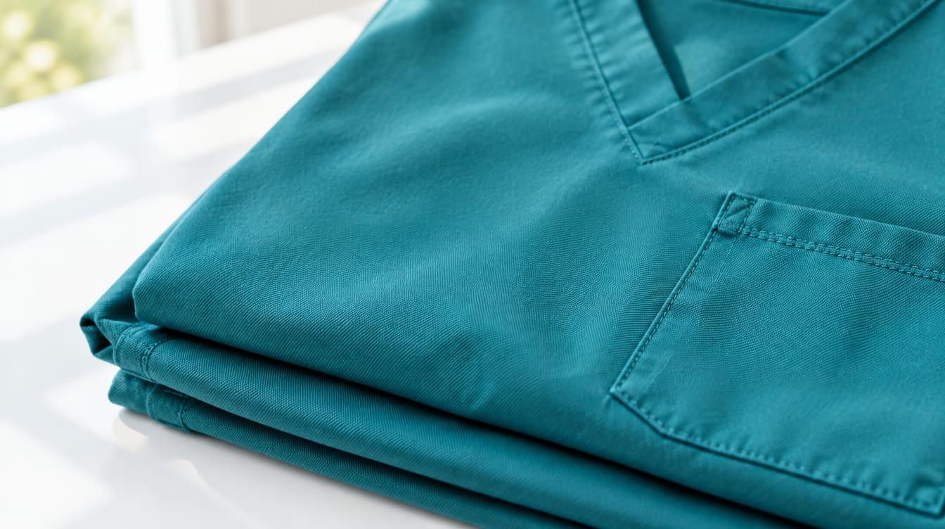 Folded teal scrub top showing fabric weave, stitched seams and chest pocket