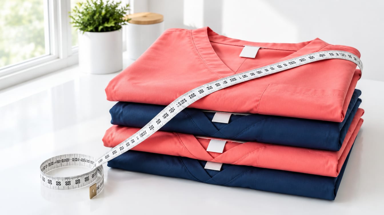 Stack of folded coral and navy scrub tops with blank tags and a measuring tape