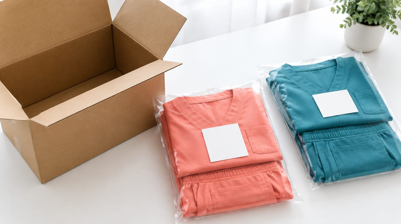 Open shipping box beside two bagged scrub sets with blank labels