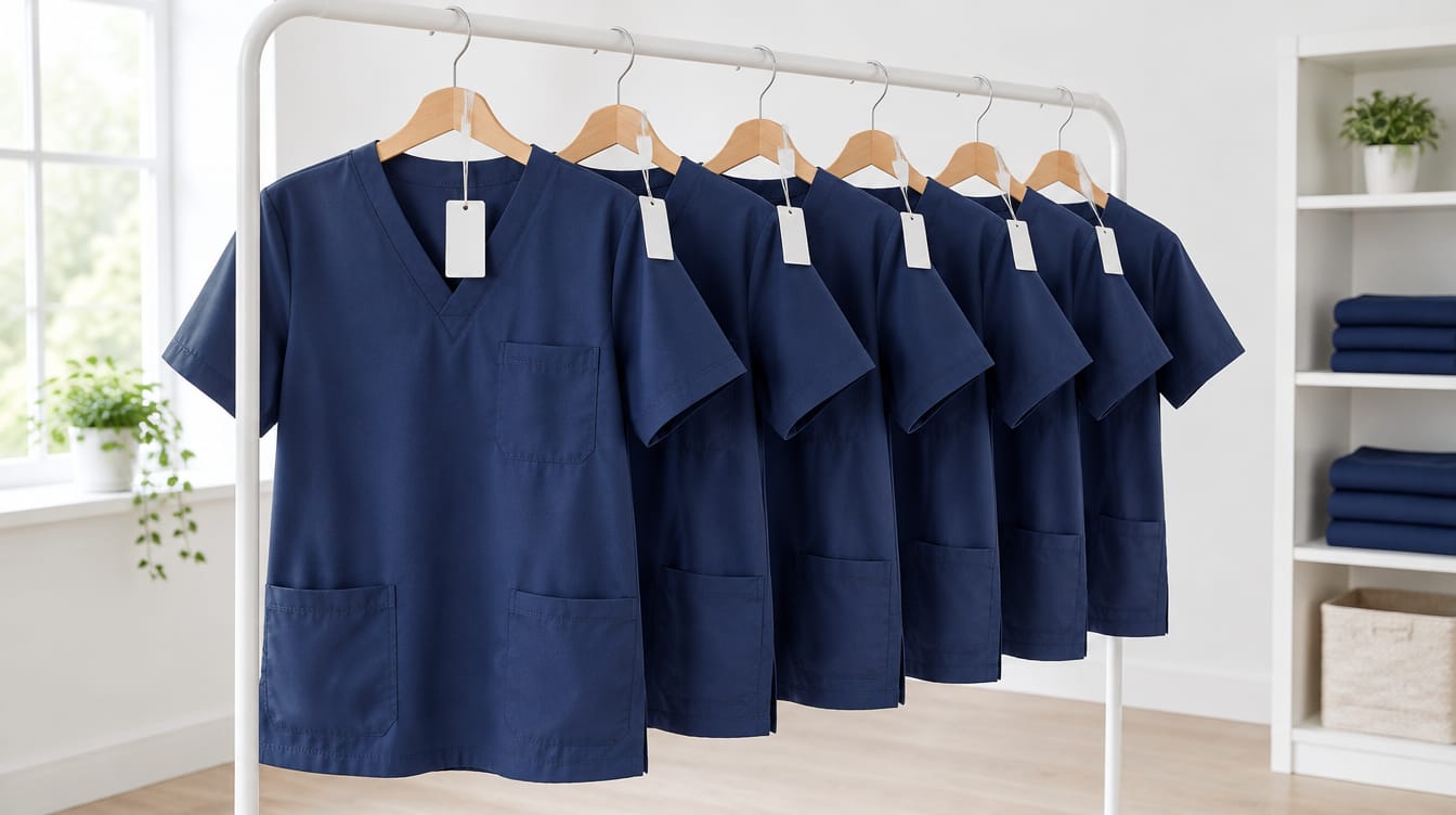 Row of navy scrub tops on a rack, each with a blank size tag