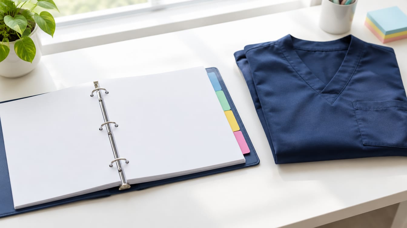 Open binder with blank pages and tabs beside a folded navy scrub top