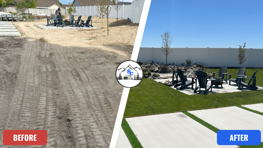 Before and after image illustrating a dramatic backyard transformation with new lawn, concrete pavers, and a built-in fire pit area. The visual proof helps answer the question, "Do outdoor improvements increase home value?" The 'Before' shows a dirt lot, and the 'After' shows a lush, well-designed outdoor living space.