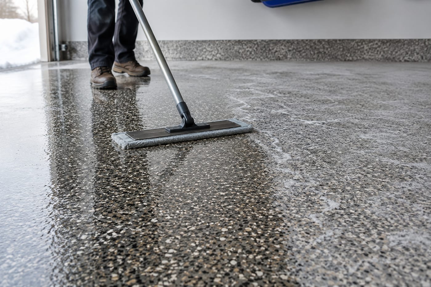Mop cleaning white winter salt residue from a flake epoxy garage floor, with a clean section visible behind it