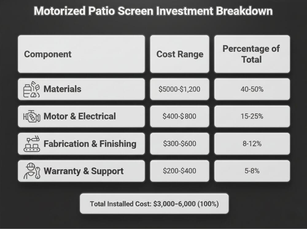 Detailed breakdown of Retractable Screens Cost vs. Benefits, showing the component cost ranges and percentage of total investment for a motorized patio screen, with a total installed cost of $3,000–$6,000 (100%). The table includes Materials, Motor & Electrical, Fabrication & Finishing, and Warranty & Support costs.