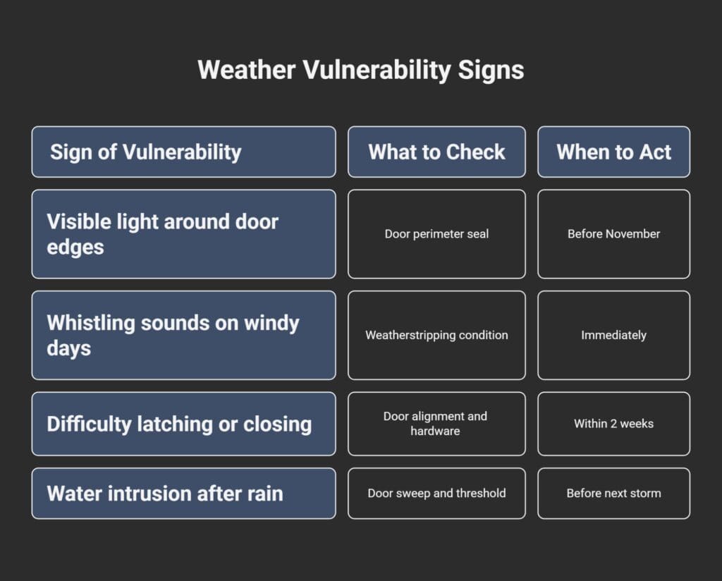 Maintenance Checklist showing common door weather-vulnerability signs, what homeowners should inspect—such as light around door edges, whistling on windy days, latch issues, and water intrusion—and the recommended time frame for taking action.