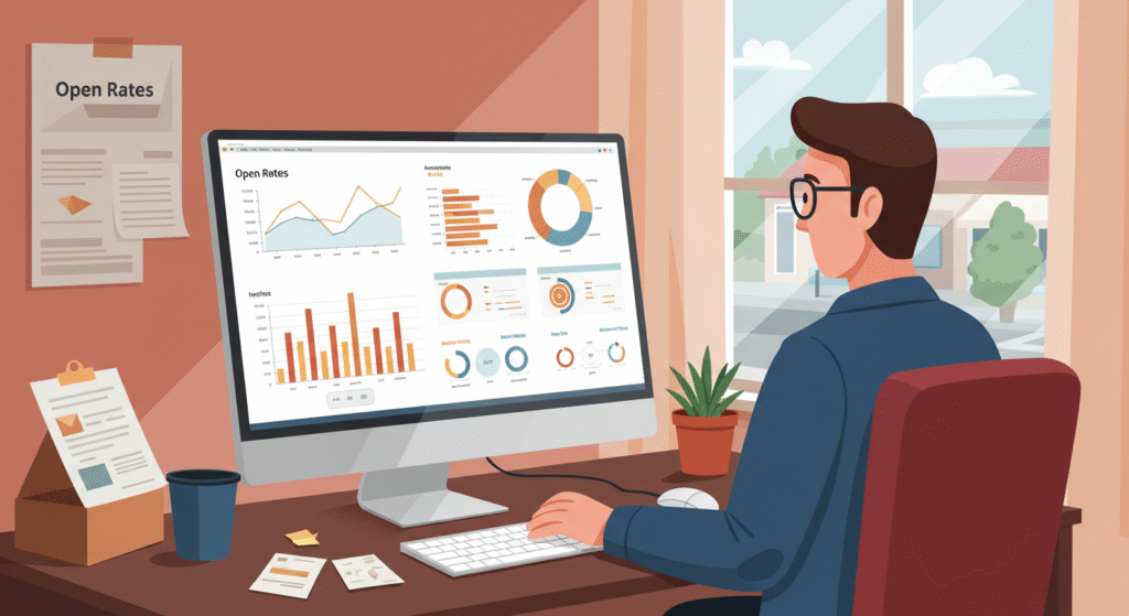 Illustration of a small business owner in Twin Falls using better email marketing tools to manage campaigns.