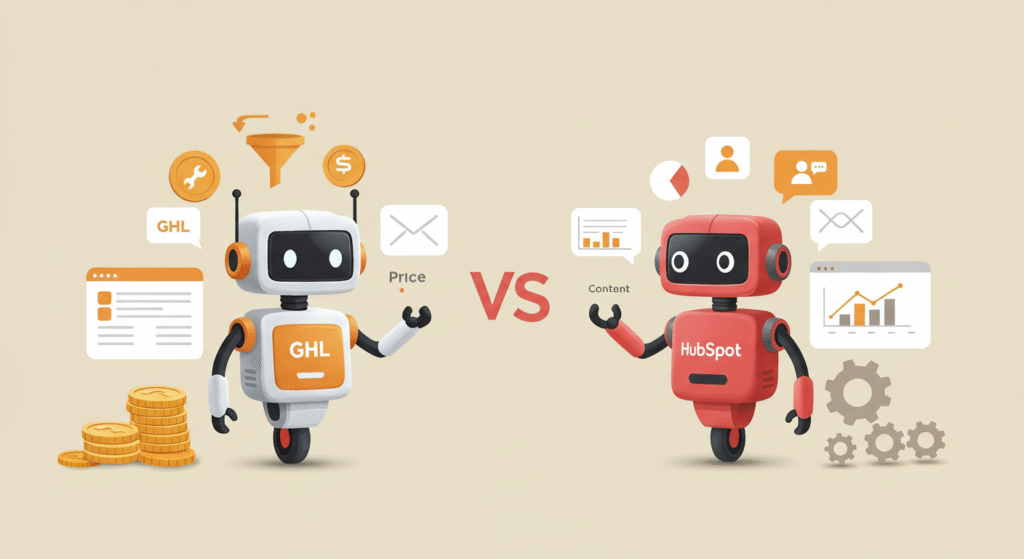 GHL vs HubSpot bots facing off to represent CRM feature and pricing differences