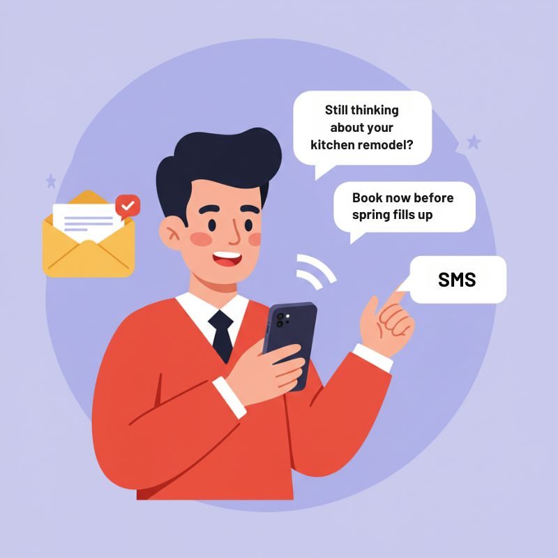 Cartoon illustration showing Cold Lead Automation follow-up examples with email and SMS message bubbles