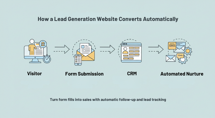 Flowchart illustrating how ready-made websites often miss leads without an automated follow-up system, compared to CRM-connected lead capture and nurture.