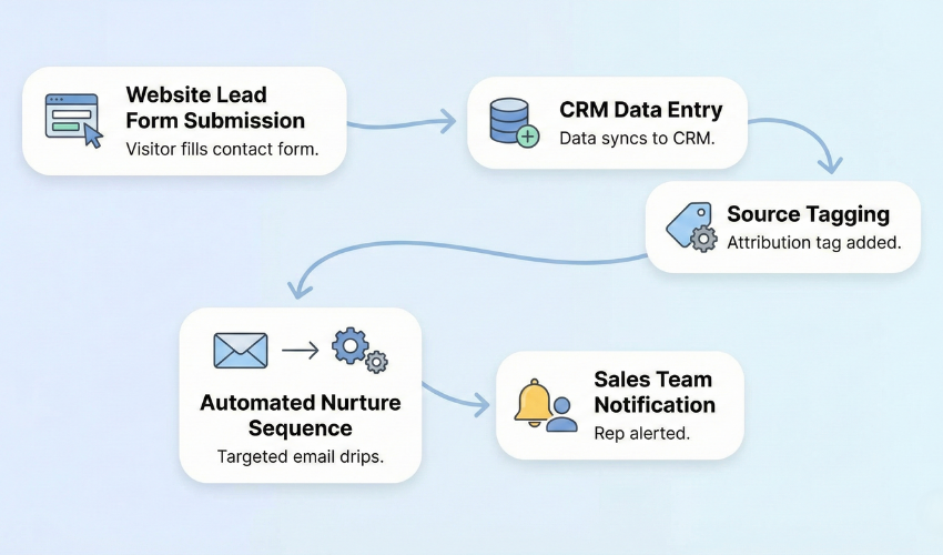 A modern SaaS workflow diagram illustrating an automated process from website lead form to sales notification, designed to address the Biggest Marketing Challenges for Magic Valley by streamlining data entry and lead nurturing.